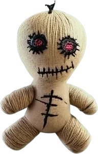 Creepy, a stitched-up voodoo doll with button eyes